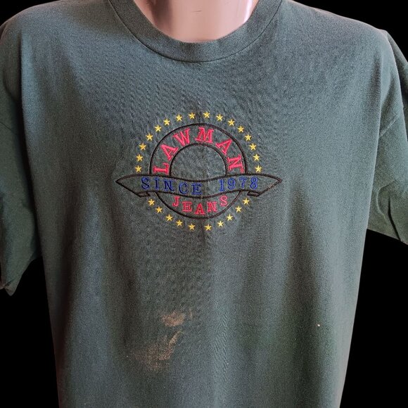 XL Vintage Single Stitch T-shirt Lawman Jeans Embroidered Graphic 1990's USA - Picture 1 of 6